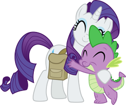 Size: 3567x3000 | Tagged: safe, artist:cloudy glow, rarity, spike, dragon, pony, unicorn, g4, .ai available, bag, duo, eyes closed, female, high res, hug, male, mare, saddle bag, simple background, smiling, transparent background, vector