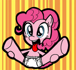 Size: 600x553 | Tagged: safe, artist:sukaponta, pinkie pie, earth pony, pony, g4, butt, diaper, diaper fetish, female, fetish, mare, non-baby in diaper, open mouth, plot, solo, spread legs, spreading, tongue out, white diaper