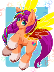 Size: 1500x2000 | Tagged: safe, artist:ragurimo, sunny starscout, alicorn, pony, g5, my little pony: a new generation, abstract background, artificial horn, artificial wings, augmented, coat markings, eyebrows, eyebrows visible through hair, female, horn, magic, magic horn, magic wings, mane stripe sunny, mare, no pupils, open mouth, race swap, socks (coat markings), solo, sunnycorn, unshorn fetlocks, wings