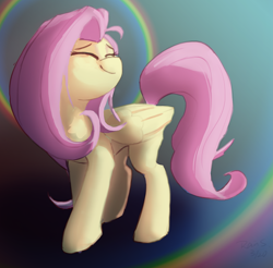 Size: 2195x2160 | Tagged: safe, artist:rainsketch, fluttershy, pegasus, pony, g4, eyes closed, feathered wings, female, folded wings, halo, high res, mare, rainbow, smiling, solo, wings