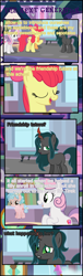 Size: 1038x3418 | Tagged: safe, artist:shootingstarsentry, apple bloom, cozy glow, scootaloo, sweetie belle, oc, oc:nightshade (digimonlover101), changepony, earth pony, hybrid, pegasus, pony, unicorn, comic:the next generation, g4, book, bookshelf, comic, cutie mark crusaders, interspecies offspring, offspring, older, older apple bloom, older sweetie belle, parent:king sombra, parent:queen chrysalis, parents:chrysombra
