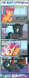 Size: 1009x2693 | Tagged: safe, artist:shootingstarsentry, apple bloom, scootaloo, sweetie belle, oc, oc:nightshade (digimonlover101), changepony, earth pony, hybrid, pegasus, pony, unicorn, comic:the next generation, g4, book, bookshelf, comic, cutie mark crusaders, interspecies offspring, offspring, older, older apple bloom, older cmc, older scootaloo, older sweetie belle, parent:king sombra, parent:queen chrysalis, parents:chrysombra