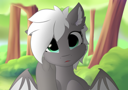 Size: 3508x2480 | Tagged: safe, artist:verlista, oc, oc only, oc:lily shein, bat pony, pony, cheek fluff, cute eyes, ear fluff, face, female, forest, half-breed, high res, looking at you, offscreen character, open mouth, pov, solo, surprised, teenager