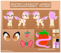 Size: 2200x1900 | Tagged: safe, artist:angelina-pax, oc, oc only, oc:vanillaberry swirl, earth pony, food pony, pony, bowtie, butt, color palette, commission, cutie mark, ear piercing, earring, female, food, horn, jewelry, mare, piercing, plot, ponified, reference sheet, solo, waffle hooves, ych result