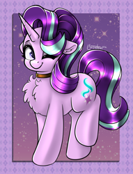 Size: 750x981 | Tagged: safe, artist:llametsul, starlight glimmer, pony, unicorn, g4, chest fluff, choker, cute, ear fluff, female, floppy ears, full body, glimmerbetes, hooves, horn, looking at you, mare, one eye closed, raised leg, shading, signature, smiling, smiling at you, solo, standing, wink