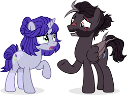 Size: 2826x2122 | Tagged: safe, artist:suramii, oc, oc only, oc:lavender night, oc:sharp slash, pegasus, pony, unicorn, duo, female, folded wings, full body, grin, high res, hooves, horn, looking at each other, looking at someone, male, mare, open mouth, pegasus oc, raised hoof, shadow, show accurate, simple background, smiling, stallion, standing, transparent background, unicorn oc, wings