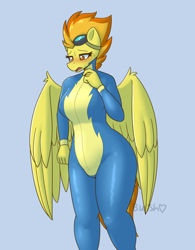 Size: 1656x2124 | Tagged: safe, artist:bumpywish, spitfire, pegasus, anthro, bedroom eyes, blushing, bodysuit, breasts, busty spitfire, clothes, commission, digital art, eyebrows, eyelashes, feathered wings, female, folded wings, goggles, goggles on head, no pupils, open mouth, signature, solo, sweat, sweatdrops, tail, thighs, uniform, wide hips, wings, wonderbolts uniform