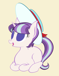 Size: 1741x2261 | Tagged: safe, anonymous artist, snowfall frost, starlight glimmer, pony, unicorn, g4, bangs, cream background, cute, eyelashes, female, filly, filly starlight glimmer, foal, hat, horn, looking offscreen, lying down, no pupils, no shading, open mouth, prone, ribbon, simple background, smiling, solo, tail, white pupils, younger