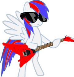 Size: 400x415 | Tagged: safe, oc, oc only, pegasus, pony, bipedal, electric guitar, frown, guitar, hoof hold, hooves, musical instrument, pegasus oc, simple background, solo, spread wings, standing, sunglasses, tail, two toned mane, two toned tail, white background, wings