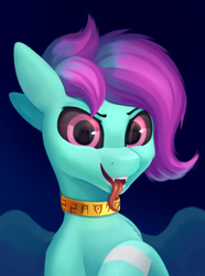 Size: 1186x1594 | Tagged: safe, artist:foxpit, oc, oc only, pegasus, pony, black sclera, bust, fangs, looking at you, male, solo, tongue out