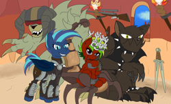 Size: 1024x622 | Tagged: safe, artist:elmutanto, artist:firehearttheinferno, oc, oc only, oc:bloody mary, oc:bloody mary mckillacutty, oc:executioner, oc:metallica, oc:queen bloody mary, oc:slayer, bat pony, deathclaw, earth pony, hellhound, original species, pony, anthro, fallout equestria, fallout equestria: equestria the beautiful, anti-materiel rifle, armor, armored pony, badlands, blue eyes, claws, clothes, cloud, collar, colored, concept art, concept for a fanfic, control visor, crown, desert, dyed mane, fallout, fallout equestria oc, fallout metal armor, female, fire, glowing, glowing eyes, grin, group photo, gun, helmet, hoof on chin, horns, jacket, jaws, jewelry, leather, leather jacket, looking at you, mad max, male, mohawk, mountain, muscles, muscular female, muscular male, neon, neon mane, piston heads, purple eyes, queen, queen bloody mary's throne, radlands, raider, raiders, red eyes, regalia, rifle, scar, scared, sidehawk, sky, slit pupils, smiling, smirk, spiked armor, spiked collar, spiked wristband, stinger, stone, sword, throne, throne room, torch, tribals, visor, weapon, wings, wristband, yellow eyes