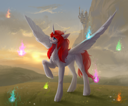 Size: 3600x3000 | Tagged: safe, artist:inarimayer, oc, oc only, alicorn, pony, alicorn oc, canterlot castle, cloud, curved horn, female, fire, horn, magic fire, mare, mountain, scenery, solo, spread wings, standing, sunset, surprised, wings