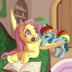 Size: 1000x1001 | Tagged: safe, artist:gor1ck, fluttershy, rainbow dash, pegasus, pony, g4, behaving like a cat, biting, book, bookshelf, butt bite, cyrillic, duo, eyelashes, fetlock tuft, literal butthurt, pain, russian, same size vore, screaming, shocked, surprised, tail, translated in the comments, underhoof, vore, wings