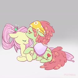 Size: 2048x2048 | Tagged: safe, artist:pfeffaroo, fluttershy, tree hugger, earth pony, pegasus, pony, g4, duo, female, forehead kiss, high res, kissing, lesbian, older, older fluttershy, older tree hugger, ship:flutterhugger, shipping