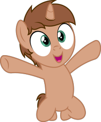 Size: 1924x2318 | Tagged: safe, artist:peternators, oc, oc only, oc:heroic armour, pony, unicorn, g4, brown mane, colt, foal, full body, happy, high res, hooves, horn, male, open mouth, open smile, show accurate, simple background, smiling, solo, transparent background, unicorn oc, vector