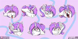 Size: 1600x800 | Tagged: safe, artist:difis, oc, oc only, oc:purpleflare, pony, unicorn, ahegao, commission, crying, ear piercing, earring, embarrassed, emotes, jewelry, open mouth, piercing, smug, tongue out, ych result