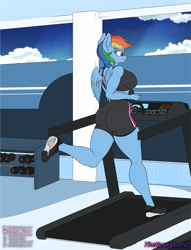 Size: 2217x2900 | Tagged: safe, artist:thehuskylord, rainbow dash, pegasus, anthro, plantigrade anthro, g4, ass, athletic, breasts, busty rainbow dash, butt, clothes, dumbbell (object), exercise, female, gym, high res, jogging, no tail, rainbutt dash, shorts, solo, sports bra, sports shorts, treadmill, weights, winged anthro, wings