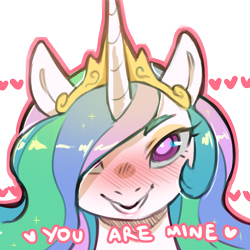 Size: 1159x1159 | Tagged: safe, artist:cold-blooded-twilight, princess celestia, alicorn, pony, g4, blushing, crown, cute, cutelestia, dialogue, eyeshadow, female, heart, jewelry, looking at you, makeup, mare, open mouth, open smile, regalia, run, simple background, smiling, solo, transparent background, yandelestia, yandere