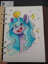 Size: 3000x4000 | Tagged: safe, artist:cutepencilcase, izzy moonbow, pony, unicorn, g5, ball, bust, cute, eye clipping through hair, female, high res, horn, horn impalement, hornball, izzy's tennis ball, izzybetes, mare, open mouth, portrait, sketchbook, smiling, solo, tennis ball, traditional art