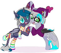 Size: 2372x2071 | Tagged: safe, artist:idkhesoff, derpibooru exclusive, oc, oc only, oc:batilla, oc:elizabat stormfeather, alicorn, bat pony, bat pony alicorn, pony, alicorn oc, asexual pride flag, bat pony oc, bat wings, beanie, bisexual pride flag, bracelet, clothes, duo, ear piercing, earring, fangs, female, freckles, gay pride flag, genderfluid pride flag, glasses, hat, high res, hoodie, horn, jewelry, leonine tail, lesbian pride flag, mare, nonbinary pride flag, open mouth, pencil, piercing, pride, pride flag, rainbow socks, scarf, simple background, socks, striped socks, tail, transparent background, wings, wristband
