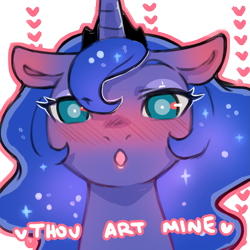 Size: 1159x1159 | Tagged: safe, artist:cold-blooded-twilight, princess luna, alicorn, pony, g4, blushing, crown, dialogue, female, heart, jewelry, looking at you, mare, open mouth, regalia, simple background, solo, transparent background, yandere