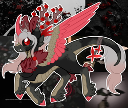 Size: 2502x2124 | Tagged: safe, artist:tay-niko-yanuciq, artist:xochicoatlyoliztli, oc, oc only, kirin, pony, winged kirin, antlers, base used, cloven hooves, colored wings, curved horn, digital art, ear piercing, earring, fangs, high res, horn, jewelry, piercing, red eyes, solo, two toned wings, whiskers, wings