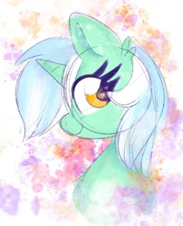 Size: 1374x1700 | Tagged: safe, artist:lbrcloud, lyra heartstrings, pony, unicorn, g4, abstract background, bust, colored sketch, portrait, profile, sketch, smiling