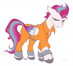Size: 2048x1856 | Tagged: safe, artist:littmosa, zipp storm, pegasus, pony, g5, bound wings, chained, chains, clothes, commission, cuffed, cuffs, never doubt rainbowdash69's involvement, prison outfit, prisoner zipp, shackles, solo, wings