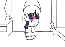 Size: 770x568 | Tagged: safe, artist:str8aura-draws-horses-and-stuff, twilight sparkle, alicorn, pony, twilight sparkle's secret shipfic folder, g4, bed, bedroom, black and white, clothes, desk, grayscale, homestuck, minimalist, monochrome, parody, shoes, twilight sparkle (alicorn), twilight's castle