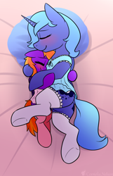 Size: 1248x1943 | Tagged: source needed, useless source url, safe, artist:cornelia_nelson, princess luna, oc, alicorn, pegasus, pony, g4, blushing, butt, canon x oc, clothes, cuddling, dock, female, filly, foal, grin, hug, mare, nightgown, plot, s1 luna, size difference, sleeping, smiling, stockings, tail, thigh highs, underhoof