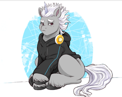 Size: 2253x1787 | Tagged: safe, artist:sallylla, alphabittle blossomforth, pony, unicorn, g5, my little pony: a new generation, alphabittle blossomforth is not amused, clothes, freckles, frown, headphones, hoodie, hooves, lidded eyes, male, raised eyebrow, raised hoof, simple background, sitting, solo, stallion, unamused, unshorn fetlocks, younger