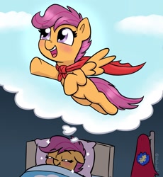 Size: 1629x1773 | Tagged: safe, artist:heretichesh, scootaloo, pegasus, pony, bed, blank flank, blushing, cape, clothes, cmc cape, cute, cutealoo, dream, female, filly, floppy ears, flying, foal, open mouth, open smile, scootaloo can fly, sleeping, smiling, solo, sparkles, sweet dreams fuel, thought bubble