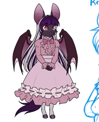 Size: 689x850 | Tagged: safe, artist:askbubblelee, oc, oc only, oc:midnight mural, bat pony, anthro, unguligrade anthro, anthro oc, bat pony oc, clothes, cute, digital art, dress, fangs, female, filly, foal, freckles, hnnng, simple background, slit pupils, smiling, solo