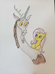 Size: 2992x4000 | Tagged: safe, artist:enya, discord, fluttershy, draconequus, pegasus, pony, g4, duo, smiling, traditional art