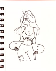 Size: 1602x2048 | Tagged: safe, artist:katputze, oc, oc only, oc:crimson sunset, unicorn, anthro, belly button, black and white, breasts, cleavage, female, grayscale, lineart, looking away, mare, midriff, monochrome, skateboard, solo, traditional art, underboob