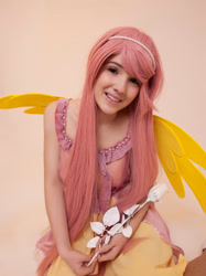 Size: 866x1155 | Tagged: safe, artist:blanelle29, fluttershy, human, g4, 2015, clothes, cosplay, costume, flower, irl, irl human, photo, rose, simple background, solo