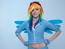 Size: 2828x2121 | Tagged: safe, artist:inhumansandwiches, rainbow dash, human, g4, 2016, belly button, clothes, cosplay, costume, high res, irl, irl human, midriff, multicolored hair, photo, rainbow hair, solo