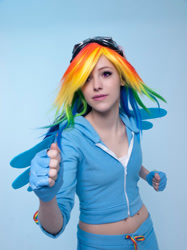 Size: 866x1155 | Tagged: safe, artist:inhumansandwiches, rainbow dash, human, g4, 2016, belly button, clothes, cosplay, costume, fingerless gloves, gloves, irl, irl human, midriff, multicolored hair, photo, rainbow hair, solo
