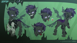 Size: 1920x1080 | Tagged: safe, artist:willoillo, oc, oc only, changeling, fallout equestria, alcohol, blood, commission, eye scar, purple changeling, reference sheet, scar, solo