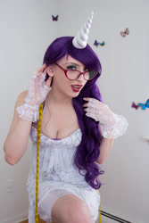 Size: 1600x2400 | Tagged: safe, artist:moniqa lefevre, rarity, human, g4, breasts, cleavage, clothes, cosplay, costume, glasses, irl, irl human, measuring tape, photo, rarity's glasses, solo