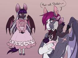 Size: 3300x2452 | Tagged: safe, artist:askbubblelee, oc, oc only, oc:midnight mural, bat pony, anthro, unguligrade anthro, anthro oc, baby, bat pony oc, clothes, cute, digital art, dress, duo, fangs, father and child, father and daughter, female, filly, foal, freckles, high res, hnnng, male, simple background, slit pupils, smiling, stallion