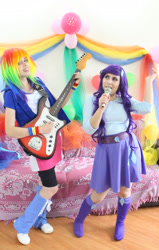 Size: 1075x1695 | Tagged: safe, artist:neehime, rainbow dash, rarity, human, equestria girls, g4, clothes, cosplay, costume, duo, electric guitar, guitar, irl, irl human, microphone, musical instrument, photo