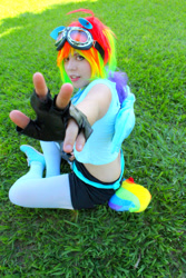 Size: 1066x1600 | Tagged: safe, artist:robinyume, rainbow dash, human, g4, clothes, cosplay, costume, fingerless gloves, gloves, goggles, irl, irl human, midriff, photo, solo