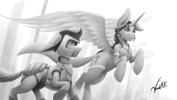 Size: 3840x2160 | Tagged: safe, artist:vandyart, oc, oc only, alicorn, earth pony, pony, armor, duo, flying, grayscale, high res, medieval, monochrome, spread wings, wings