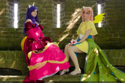 Size: 3000x2000 | Tagged: safe, artist:chastten, artist:ilunaneko, artist:moekke, fluttershy, rarity, human, g4, clothes, cosplay, costume, dress, duo, gala dress, high res, irl, irl human, photo, sitting