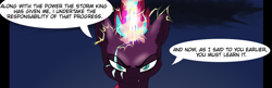 Size: 1554x502 | Tagged: safe, artist:chedx, tempest shadow, pony, unicorn, comic:the storm kingdom, g4, alternate universe, bad end, cropped, crystal of light, general tempest shadow, glowing, glowing horn, horn, scar, sinister, smiling, smirk, tempest gets her horn back, the bad guy wins