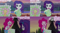 Size: 1280x720 | Tagged: safe, edit, edited screencap, editor:quoterific, screencap, pinkie pie, rarity, equestria girls, g4, my little pony equestria girls: legend of everfree, bracelet, camp everfree outfits, duo, duo female, eyes closed, female, food, hairpin, jewelry, lantern, marshmallow, open mouth, open smile, smiling, text