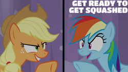 Size: 1280x720 | Tagged: safe, edit, edited screencap, editor:quoterific, screencap, applejack, rainbow dash, earth pony, pegasus, pony, a trivial pursuit, g4, season 9, applejack's hat, cowboy hat, duo, female, grin, hat, mare, open mouth, open smile, smiling, text
