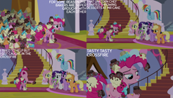 Size: 1280x720 | Tagged: safe, edit, edited screencap, editor:quoterific, screencap, applejack, fluttershy, pinkie pie, rainbow dash, rarity, spike, twilight sparkle, alicorn, dragon, earth pony, pegasus, pony, unicorn, g4, season 9, the ending of the end, applejack's hat, cowboy hat, cupcake, female, flying, food, hat, male, mane seven, mane six, mare, nose in the air, open mouth, smiling, spread wings, text, twilight sparkle (alicorn), winged spike, wings