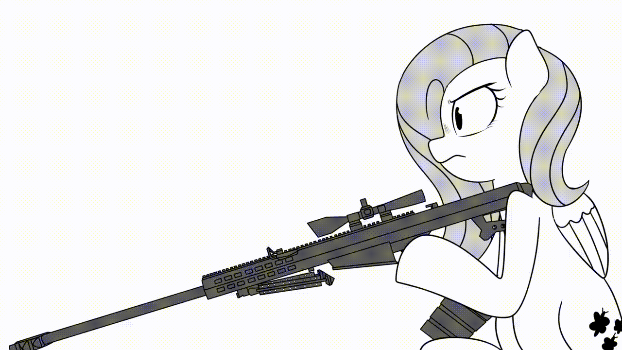 2817656 - safe, artist:makaryo, fluttershy, pegasus, pony, g4, aiming,  animated, female, folded wings, gif, gun, hoof hold, looking at something,  looking away, mare, monochrome, profile, rifle, simple background, sitting,  sniper, solo, weapon